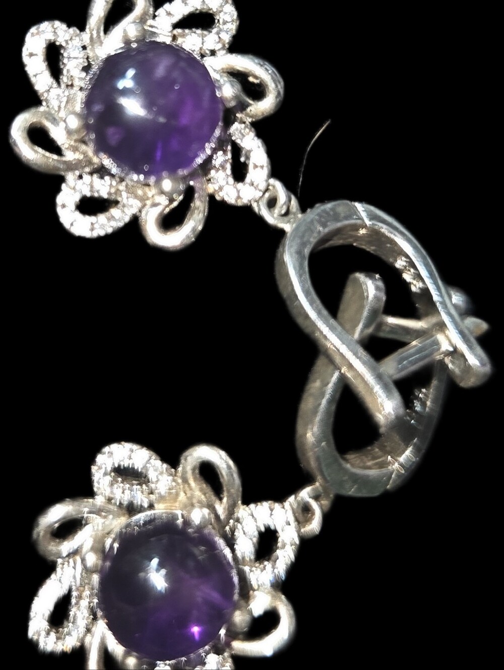 Natural Amythest Dangle Floral Design Earrings Accented White Diamonds